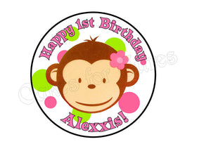 Pink Girl Mod Monkey Round Edible Cake Image Cake Topper - Cakes For Cures